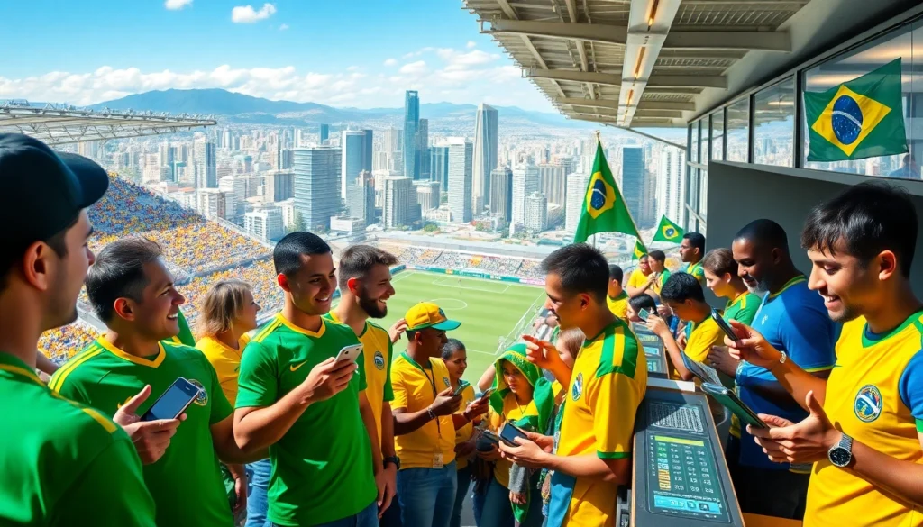 Engaged fans enjoying sports betting in Brazil, highlighted by vibrant colors and an energetic atmosphere.