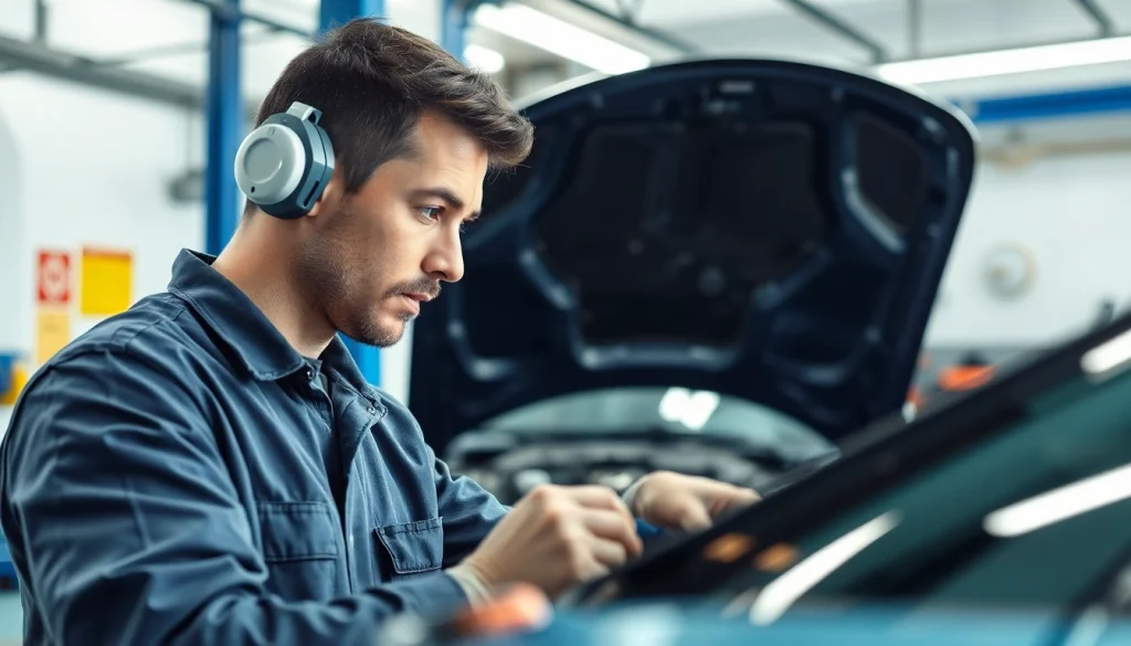 Mechaniker führt TÜV-Prüfung wo tüv machen in berlin moabit durch, moderne Werkstatt.