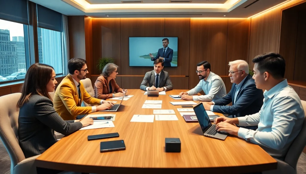 A strategy meeting at https://albmaftoh.com with diverse experts discussing business growth.