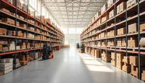 Showcasing efficient warehousing with organized shelves and active inventory management.