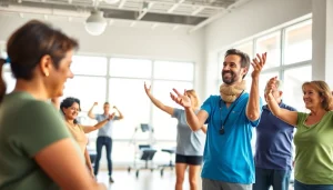 Health in Motion Rehabilitation featuring a professional therapist guiding diverse patients in a supportive clinic.