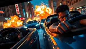 Action thriller car chase scene depicting intense characters and urban chaos with explosions.