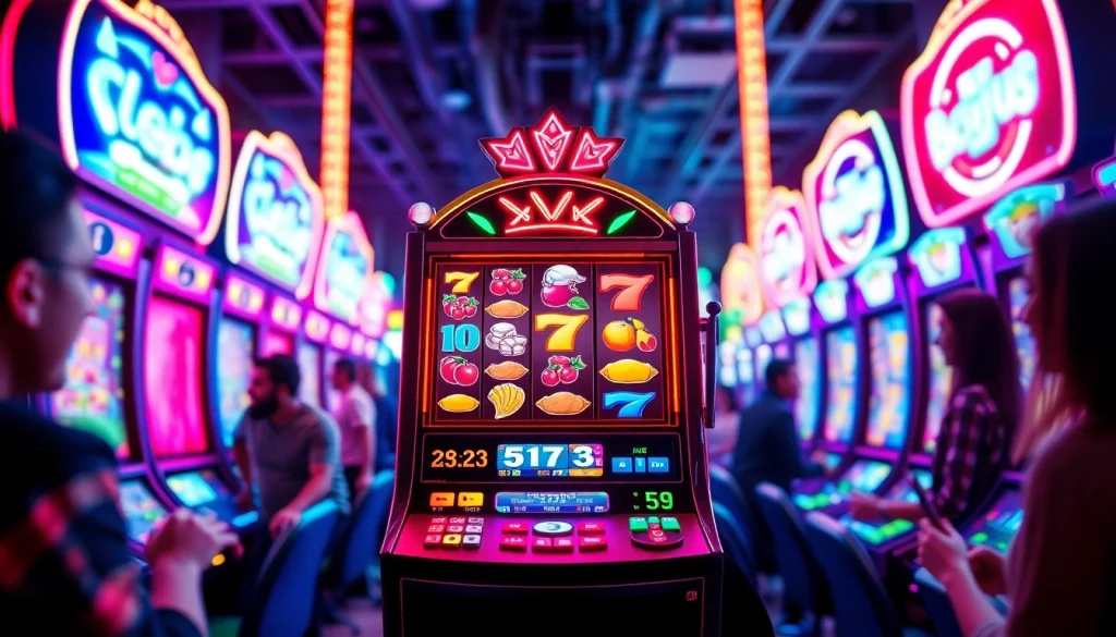 Jentoto menunjukkan mesin slot berwarna cerah dengan pemain yang gembira berinteraksi.