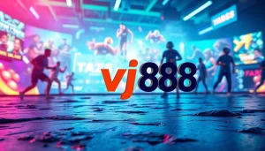 Engaging gaming interface featuring the vj88 logo within a vibrant digital landscape.