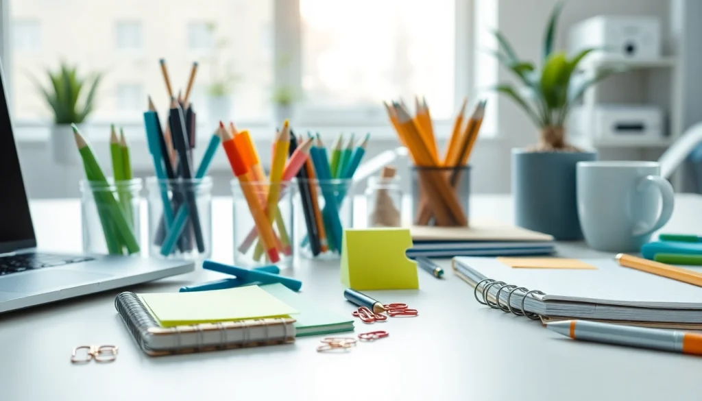 Showcase office stationery supplies with stylish pens and notebooks on a modern desk.