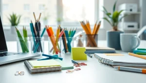 Showcase office stationery supplies with stylish pens and notebooks on a modern desk.