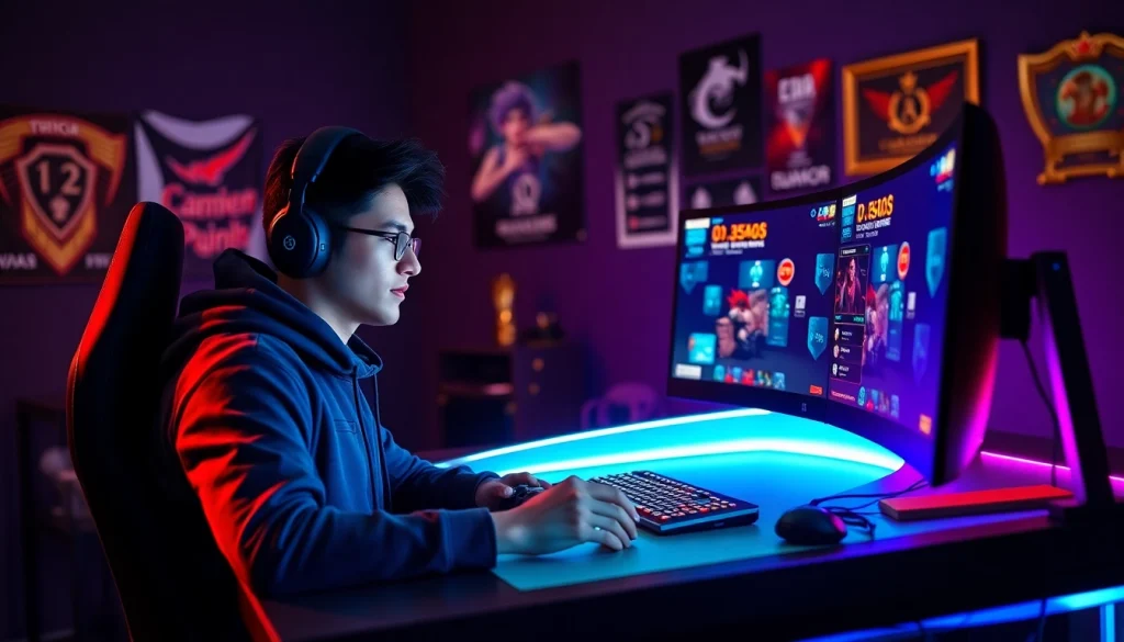 Menggambarkan gamer menetap yang asyik memainkan Daftar Domino88 game di ruang gaming modern.