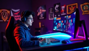 Menggambarkan gamer menetap yang asyik memainkan Daftar Domino88 game di ruang gaming modern.