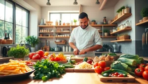 Chefs at work in a vibrant kitchen preparing delicious meals, showcasing recipesalexarciab.com