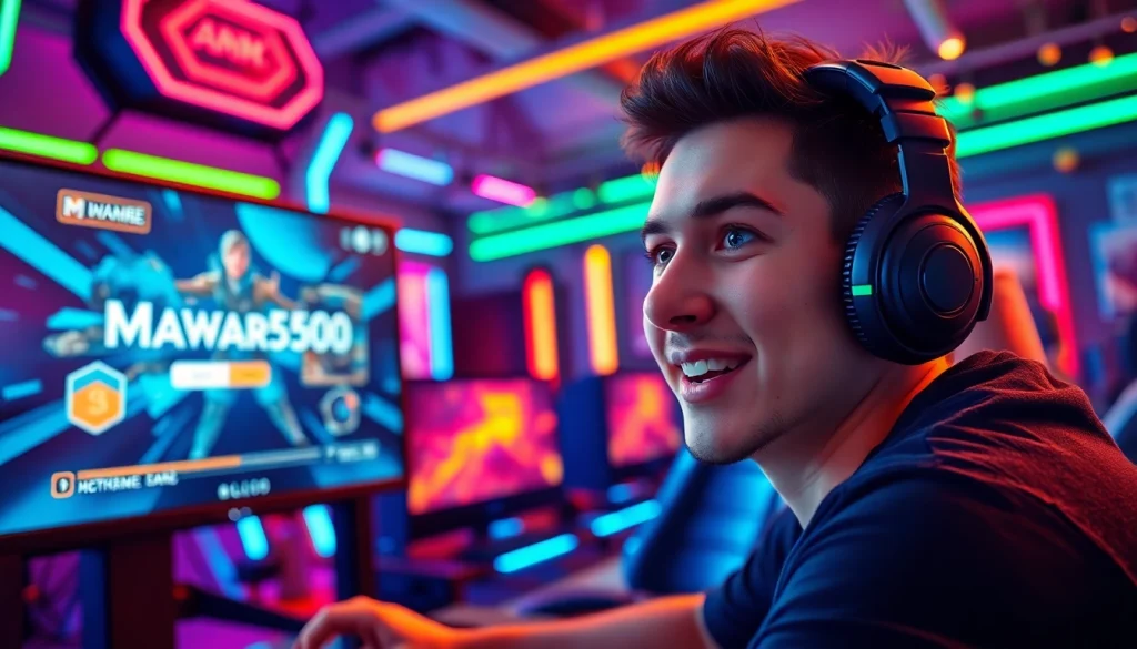 Login di mawar500 game dengan gamer bersemangat dan latar belakang bermain yang energik.