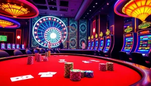 KJC AC 2 gaming scene depicting casino tables, vibrant cards, and dynamic slot machines for an immersive gambling experience.