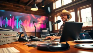 Engaging DJ in a vibrant radio studio at https://mycountry955.com.