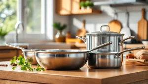Shop premium stainless steel cookware NZ on a modern kitchen countertop with herbs and spices