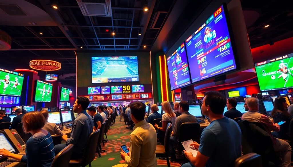 Engaging scene of mm88 com sports betting with enthusiastic players in a vibrant casino environment.