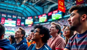 스포츠중계를 즐기는 다양한 팬들이 생생한 경기 중계를 보며 흥분을 표현하는 장면