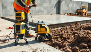 Technician performing Concrete Leveling on a construction site with specialized equipment and bright lighting.