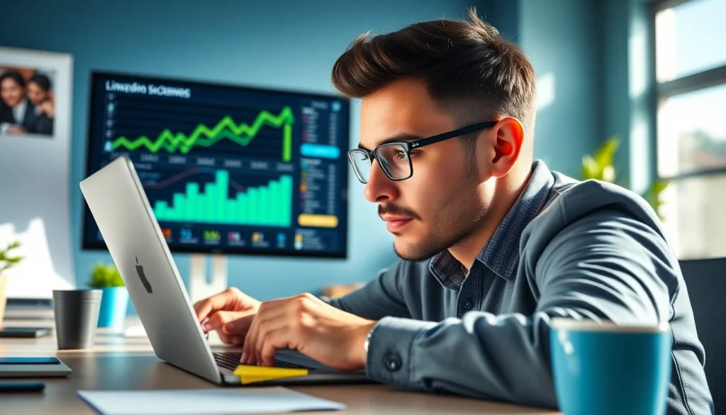 Engage in LinkedIn Account Rental services with a professional managing outreach in an office.