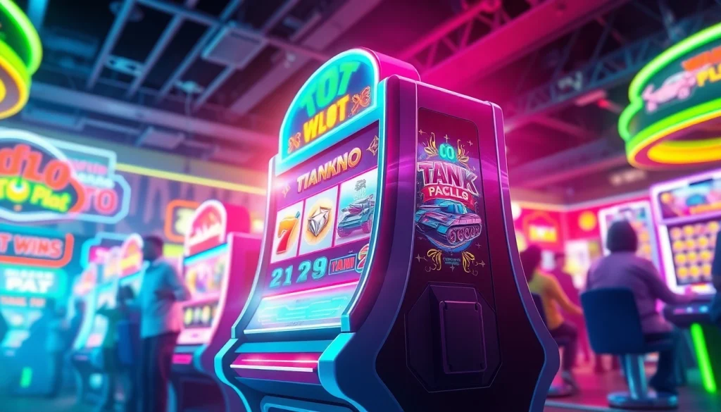 Bermain tank4d toto slot dengan mesin slot futuristik yang berwarna-warni.