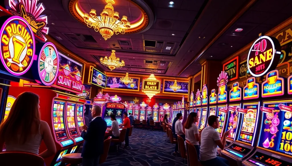 Menggambarkan pengalaman bro138 slot yang menarik dengan pemain bersemangat dan mesin slot berwarna cerah.