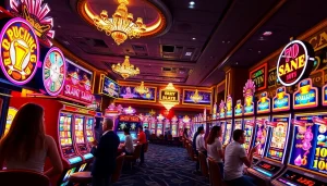 Menggambarkan pengalaman bro138 slot yang menarik dengan pemain bersemangat dan mesin slot berwarna cerah.