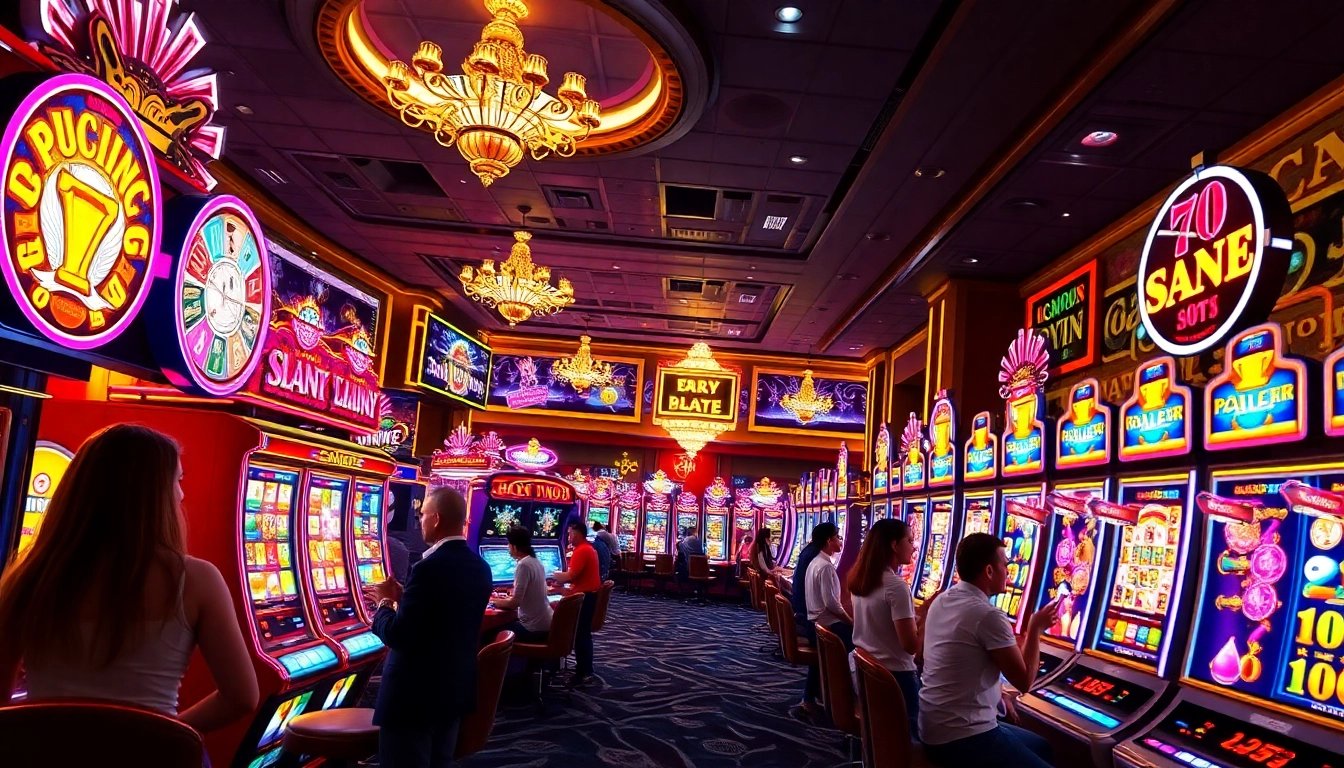 Menggambarkan pengalaman bro138 slot yang menarik dengan pemain bersemangat dan mesin slot berwarna cerah.