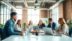 Zoek naar informatie op https://enqueteplein.nl terwijl een team overlegt in een moderne werkomgeving.