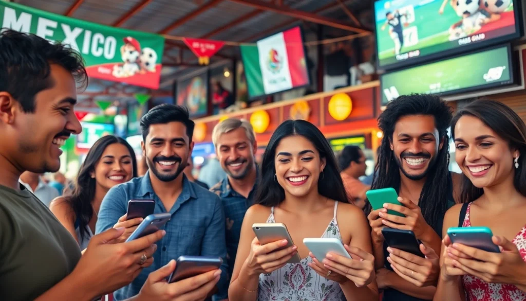 Experience the best sportsbooks Mexico with energetic individuals enjoying mobile betting at a lively outdoor sports bar.