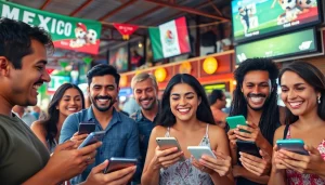 Experience the best sportsbooks Mexico with energetic individuals enjoying mobile betting at a lively outdoor sports bar.