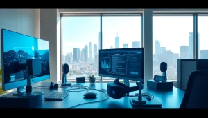 Technology workspace with cutting-edge gadgets and bright natural lighting