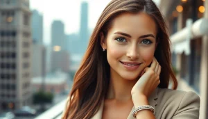 Phoebe Dynevor showcasing her elegance in a sophisticated cityscape, reflecting her celebrity status on https://diknews.co.uk/phoebe-dynevor/.