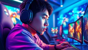 Bersemangat memainkan bolahiu game dalam setup gaming modern yang dinamis