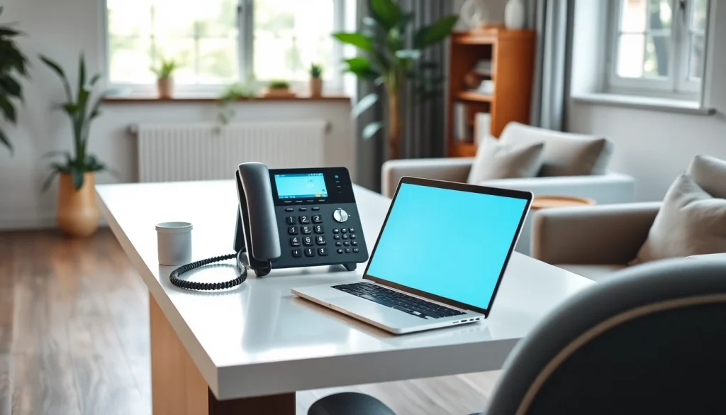 Enhance communication with VoIP phone in an elegant home office setup showcasing productivity.