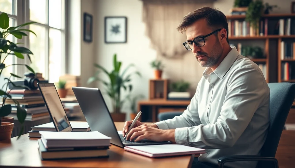 Writing about clean thrillers in a cozy, inviting office setting full of suspense novels.