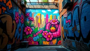 Experience stunning graffiti wall art showcasing an abstract mural filled with vibrant colors and urban themes.