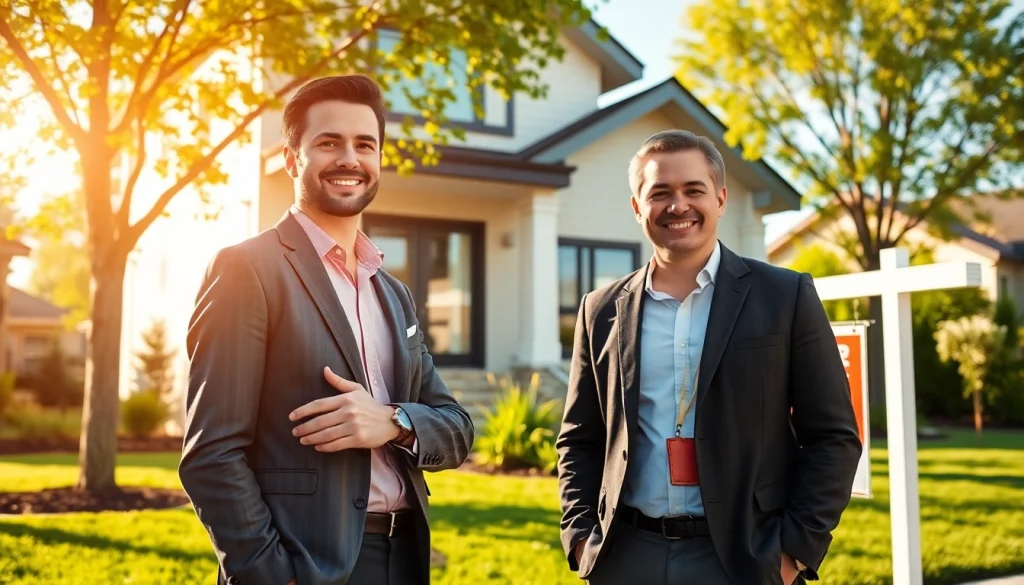 Showcasing real estate with agent and modern house for sale sign.