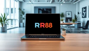Showcasing a tech-savvy workspace featuring RR88 logo on a modern laptop and vibrant decor.
