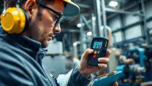 Conducting a noise assessment survey with a sound level meter in an industrial environment.