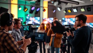 Engaging scene of professional video production team collaborating with equipment in studio.