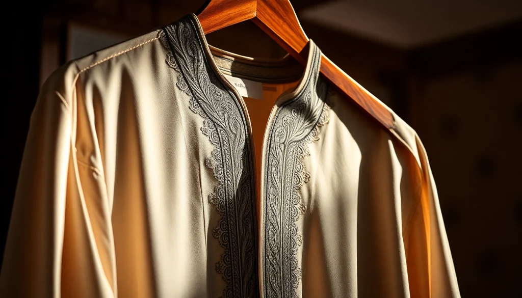Luxury thobes displayed elegantly with exquisite detailing and craftsmanship.