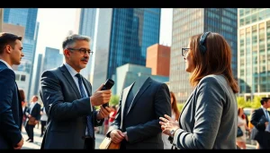 Capture the essence of business news through an interview scene with diverse leaders in an urban setting.