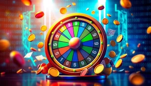 Menggambarkan virus4d dengan elemen lotere dan antarmuka digital yang menarik.