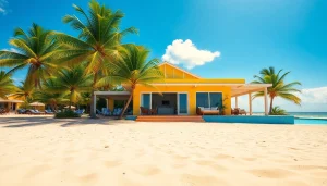 Relaxing coastal cabana near the beach with inviting outdoor areas and palm trees.