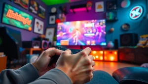 Menampilkan gameplay hakim4d game dengan gamer fokus dan alat permainan terang.