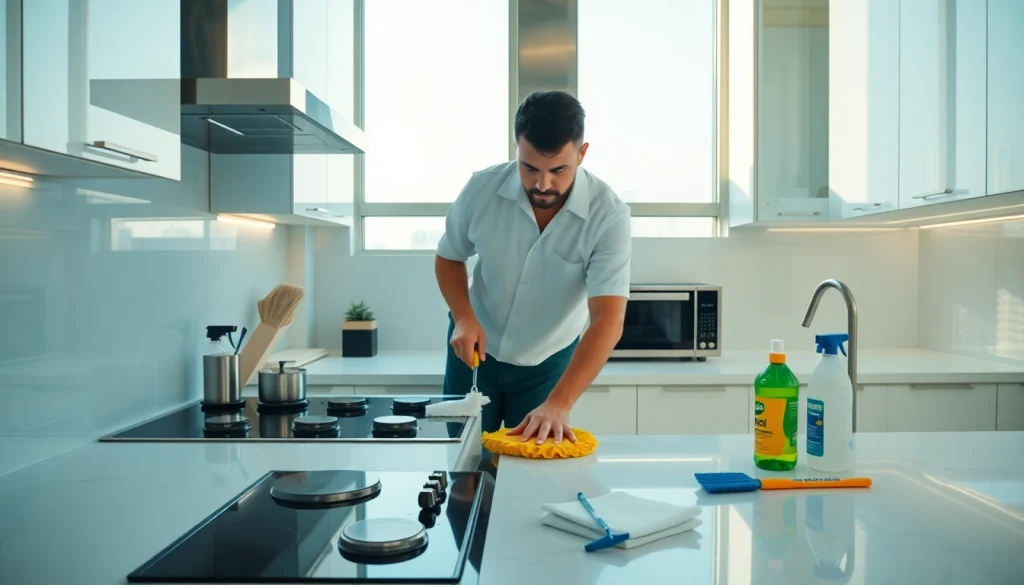 Kitchen deep cleaning Dubai service featuring a cleaner in a modern kitchen environment.