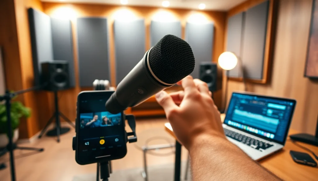 Shure MV88 microphone showcased in a modern home studio setup with an iPhone and audio editing software.