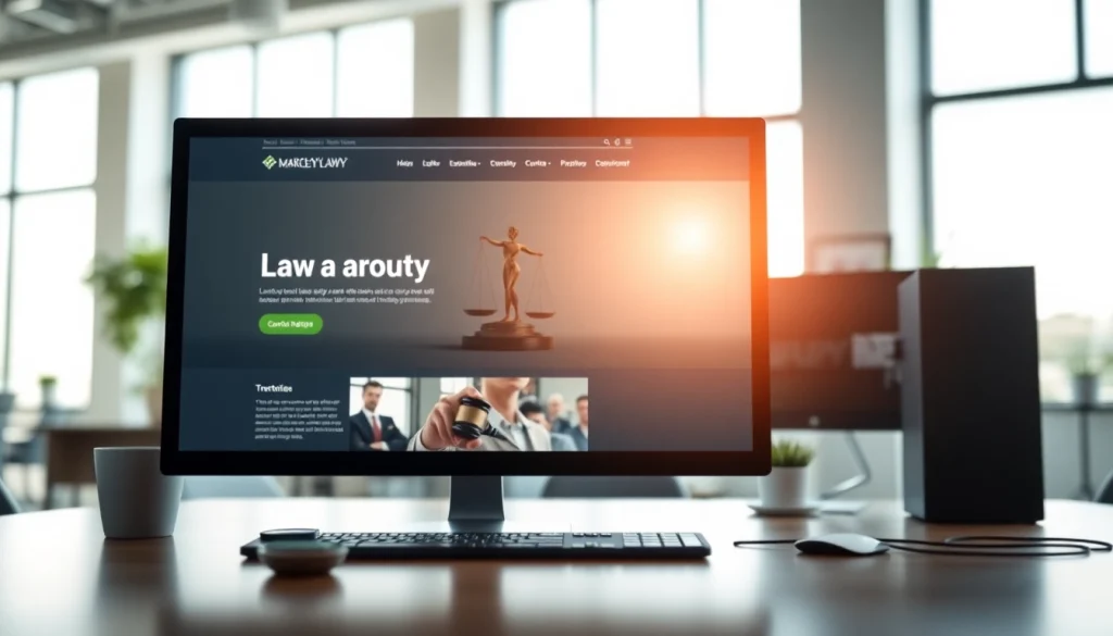 Showcasing a professional law firm's website design on https://www.websites.law in a modern office environment.