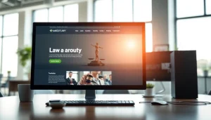 Showcasing a professional law firm's website design on https://www.websites.law in a modern office environment.