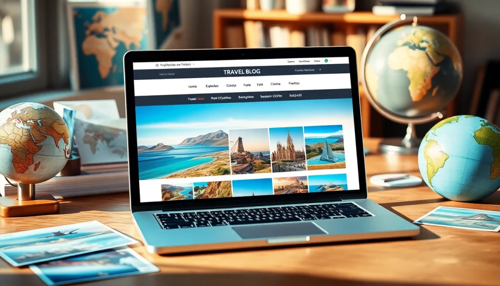 View of https://travelvixta.com on a stylish laptop amid travel decor.