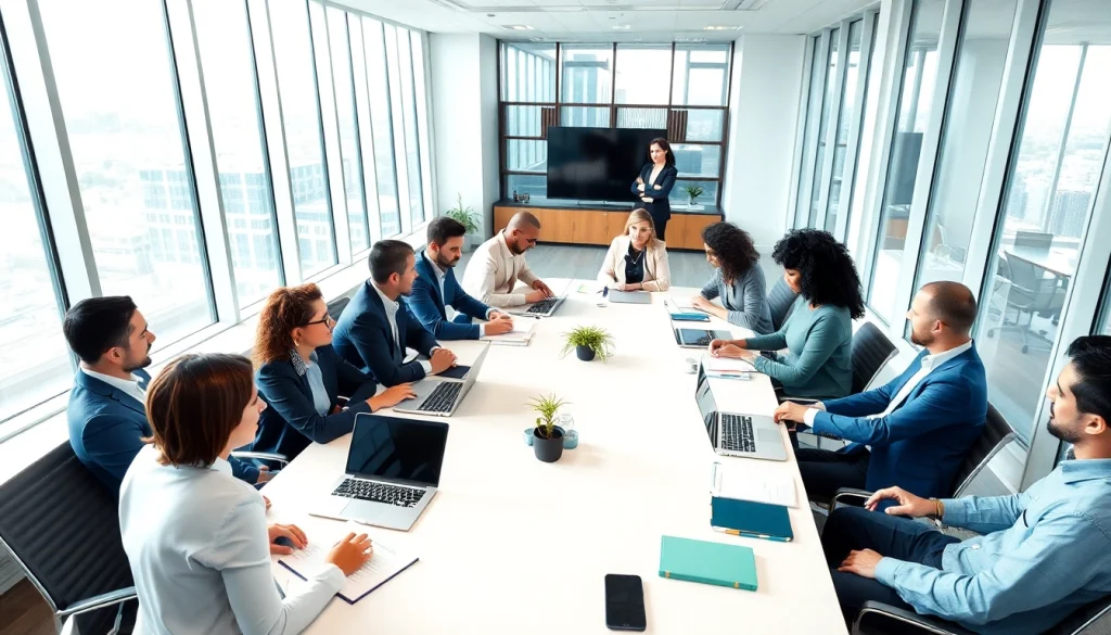 Engage in Business discussions during a meeting in a modern office.