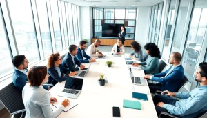 Engage in Business discussions during a meeting in a modern office.